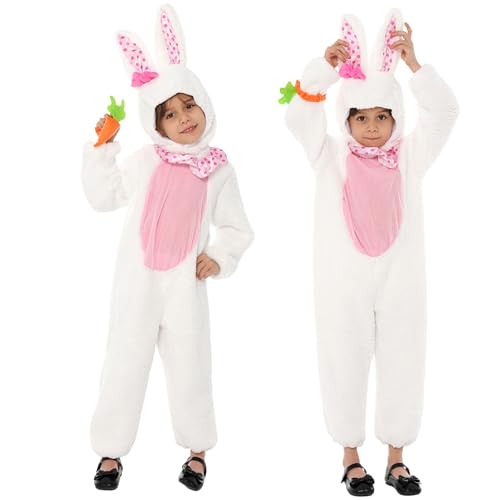 XehCaol Hasenkostüm Bunny Kostüm kinder Ostern Kaninchen Hase 3PCS Hase Set Onesie Kopfbedeckung Tier Ostern Halloween Cosplay (Hase Kostüm-3Stück, L/130) von XehCaol