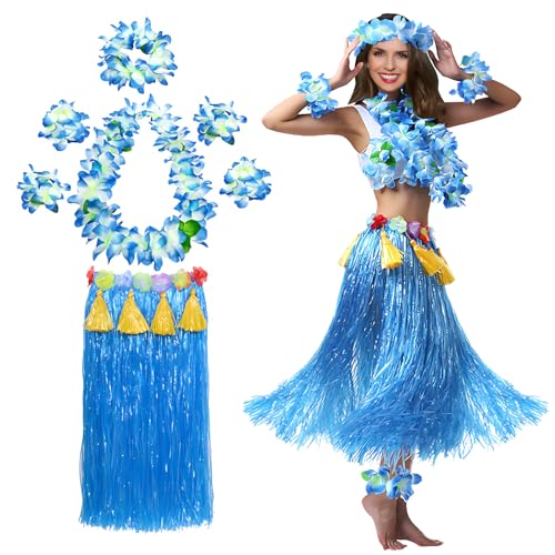 XehCaol Hawaii Kostüm Damen Mehrfarbig Hawaiian Hula Rock Kostüm Set mit Halskette Armbänder für Hawaii Kostüm Tropical Luau Party Supplies (Blue) von XehCaol