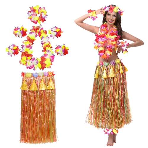 XehCaol Hawaii Kostüm Damen Mehrfarbig Hawaiian Hula Rock Kostüm Set mit Halskette Armbänder für Hawaii Kostüm Tropical Luau Party Supplies (Colorful) von XehCaol