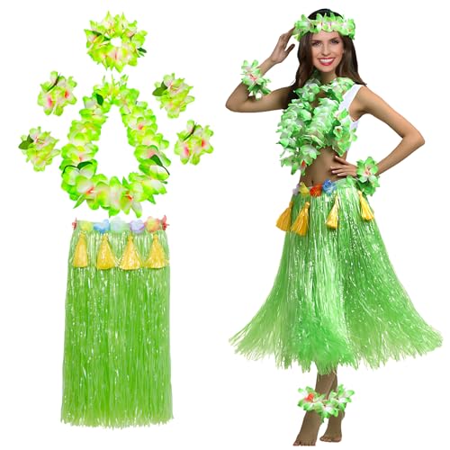 XehCaol Hawaii Kostüm Damen Mehrfarbig Hawaiian Hula Rock Kostüm Set mit Halskette Armbänder für Hawaii Kostüm Tropical Luau Party Supplies (Green) von XehCaol