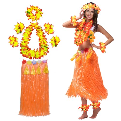 XehCaol Hawaii Kostüm Damen Mehrfarbig Hawaiian Hula Rock Kostüm Set mit Halskette Armbänder für Hawaii Kostüm Tropical Luau Party Supplies (Orange) von XehCaol