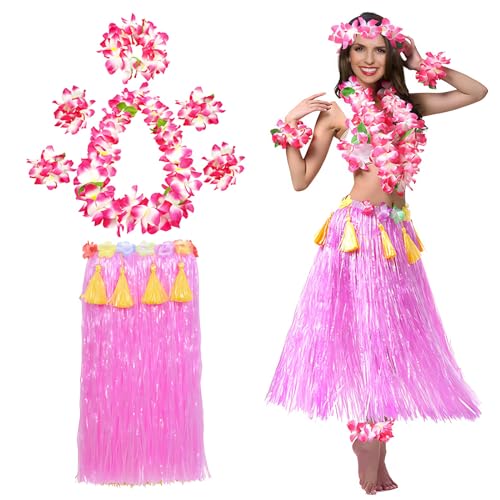 XehCaol Hawaii Kostüm Damen Mehrfarbig Hawaiian Hula Rock Kostüm Set mit Halskette Armbänder für Hawaii Kostüm Tropical Luau Party Supplies (Pink) von XehCaol