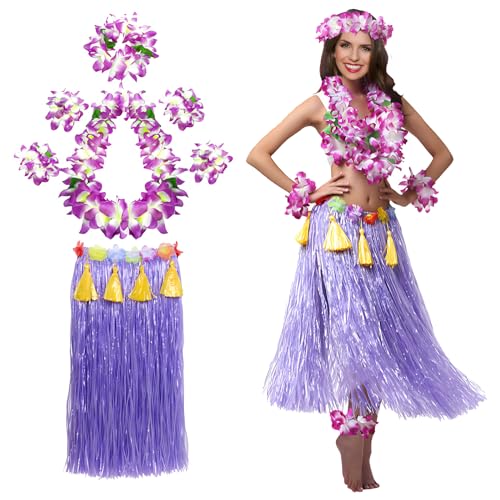 XehCaol Hawaii Kostüm Damen Mehrfarbig Hawaiian Hula Rock Kostüm Set mit Halskette Armbänder für Hawaii Kostüm Tropical Luau Party Supplies (Purple) von XehCaol