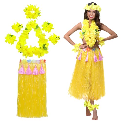 XehCaol Hawaii Kostüm Damen Mehrfarbig Hawaiian Hula Rock Kostüm Set mit Halskette Armbänder für Hawaii Kostüm Tropical Luau Party Supplies (Yellow) von XehCaol