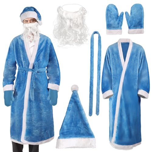 XehCaol Herren Weihnachtsmann Bademantel Kostüm Set Weihnachten 5pcs Fleece langes Weihnachtsmanngewand mit Handschuhen Gürtel Mützen falsche Bärte (Blau, Einheitsgröße) von XehCaol