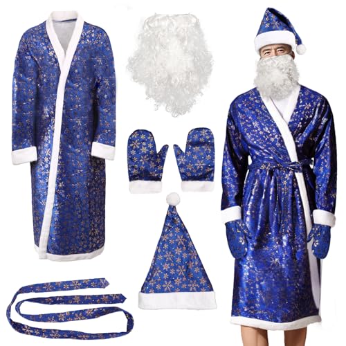 XehCaol Herren Weihnachtsmann Bademantel Kostüm Set Weihnachten 5pcs Fleece langes Weihnachtsmanngewand mit Handschuhen Gürtel Mützen falsche Bärte (Blau mit Druck, Einheitsgröße) von XehCaol