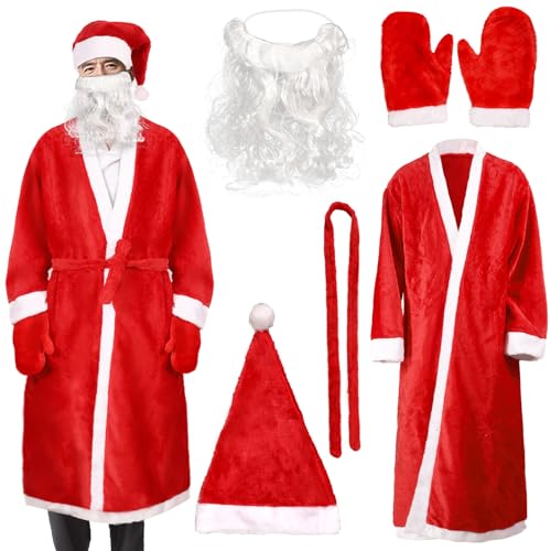 XehCaol Herren Weihnachtsmann Bademantel Kostüm Set Weihnachten 5pcs Fleece langes Weihnachtsmanngewand mit Handschuhen Gürtel Mützen falsche Bärte (Rot, Einheitsgröße) von XehCaol