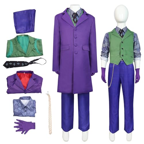 XehCaol Joker Kostüm,Killer Clown Kostüm Steampunk Gothic Jacke Mantel Uniform Halloween Cosplay 8pcs Set Kostüm Kinder (Joker costume for kids, 110) von XehCaol