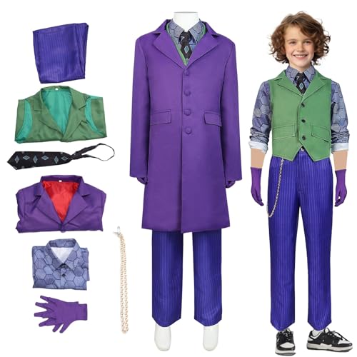 XehCaol Joker Kostüm,Killer Clown Kostüm Steampunk Gothic Jacke Mantel Uniform Halloween Cosplay 8pcs Set Kostüm Kinder (Joker costume for kids, 120) von XehCaol