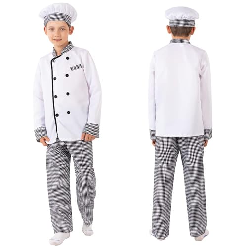 XehCaol Koch Kostüm Kinder mit Mütze Kochkleidung Chef Costume Halloween Karneval Cosplay Faschingskostüme Props (Karo, L) von XehCaol