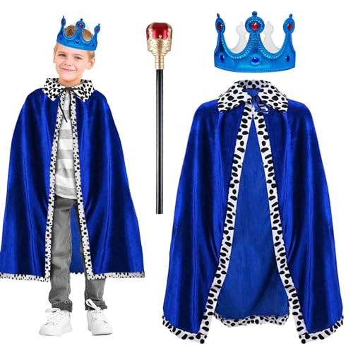 XehCaol König Kostüm Erwachsener Kind Königsmantel krone könig Zepter König Königin Kostüm unisex Halloween (Blau, Kind) von XehCaol