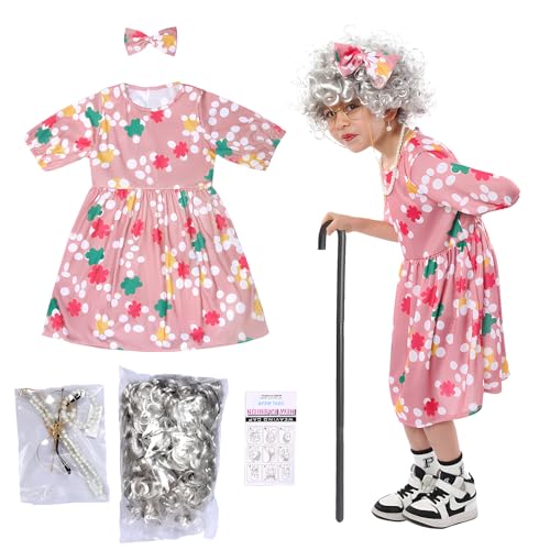 XehCaol Oma Kostüm für Kinder Mädchen Mit Perücke Grau Halskette, Brille, Schleife Rentner Kleid Karneval Fasching Halloween Cosplay Costume (Oma for Kids, L) von XehCaol