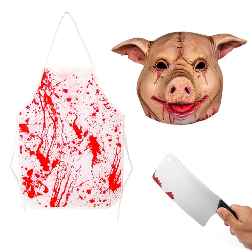 XehCaol Schweinemaske Saw Pig Maske 3PCS Metzger Set Blutiges Hackbeil Schürze Kostüm Requisiten Halloween Horror Masken Kostüm (Pig A) von XehCaol