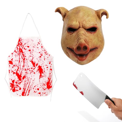 XehCaol Schweinemaske Saw Pig Maske 3PCS Metzger Set Blutiges Hackbeil Schürze Kostüm Requisiten Halloween Horror Masken Kostüm (Pig B) von XehCaol