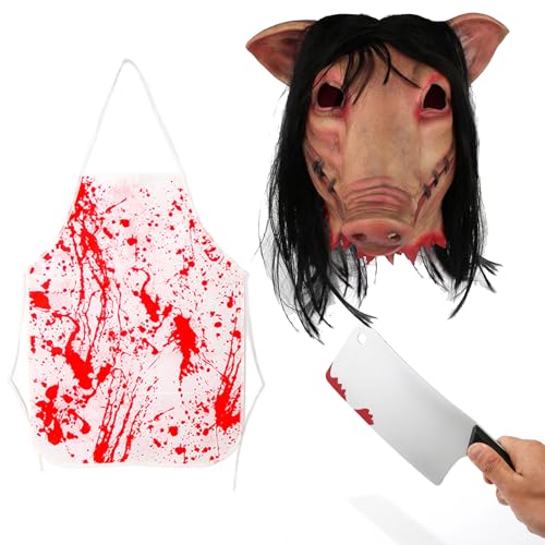 XehCaol Schweinemaske Saw Pig Maske 3PCS Metzger Set Blutiges Hackbeil Schürze Kostüm Requisiten Halloween Horror Masken Kostüm (Pig C) von XehCaol