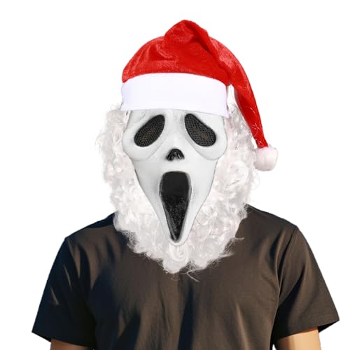 XehCaol Scream Maske,Ghostface Maske mit Weihnachtsmannmütze Schnurrbart,Halloween Scary Movie Schrei Scream Mask Ghostface Kostüm Props von XehCaol