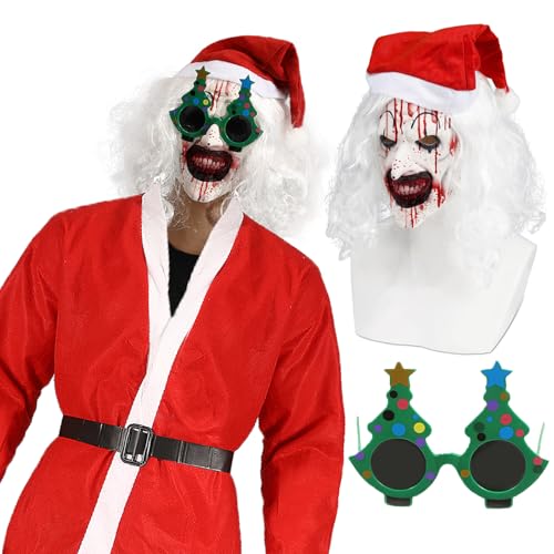 XehCaol Terrifier Maske Art the Clown Maske mit Nikolausmütze Weihnachtsbaum Brillen Horror Clown Maske Cosplay Kostüm Props für Halloween und Weihnachten (Bluten) von XehCaol