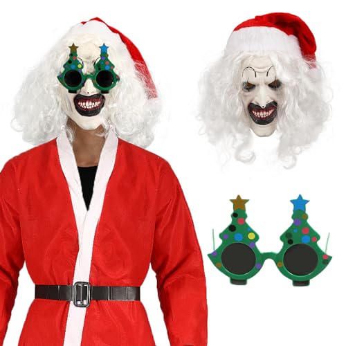 XehCaol Terrifier Maske Art the Clown Maske mit Nikolausmütze Weihnachtsbaum Brillen Horror Clown Maske Cosplay Kostüm Props für Halloween und Weihnachten (Konventionell) von XehCaol