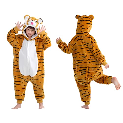 XehCaol Tiger Kostüm Kinder Tiger Onesie Karneval Halloween Tierkostüm Costume Cosplay Prop Flanell Overall (tiger, L) von XehCaol