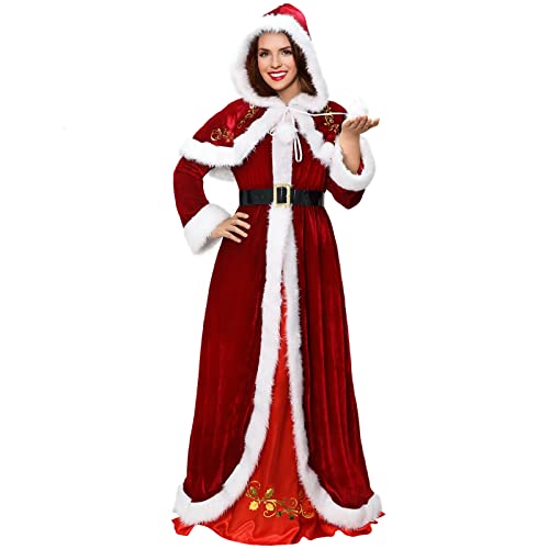 XehCaol Weihnachtskostüm Damen，Kleid Weihnachten Mrs Claus Kostüm with Hooded Cape Adult Suit for Christmas Cosplay (women with cape, 2XL) von XehCaol