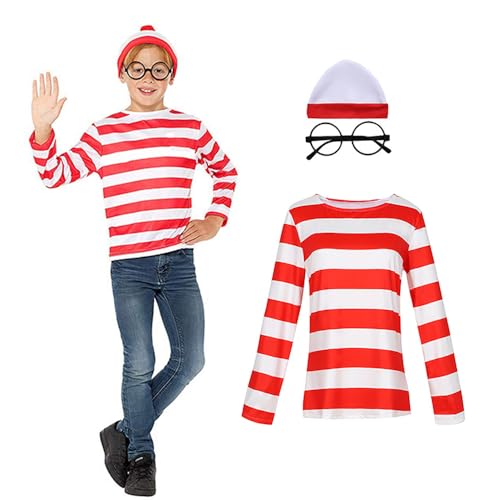 XehCaol Wo ist Walter Kostüm Rot Weiß Ringelshirt with Glasses Karneval Halloween Herren Damen Cosplay Party Outfit (Kids, M) von XehCaol