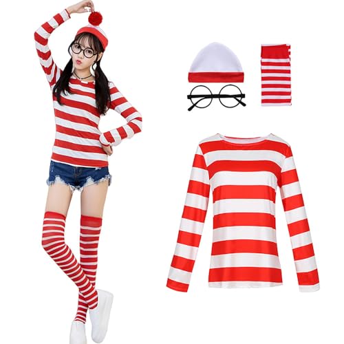 XehCaol Wo ist Walter Kostüm Rot Weiß Ringelshirt with Glasses Karneval Halloween Herren Damen Cosplay Party Outfit (women, S) von XehCaol