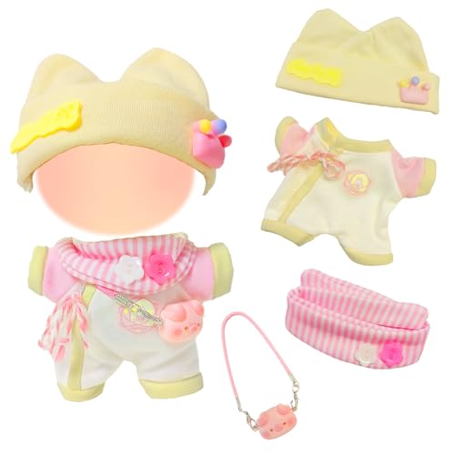 17 cm Rosa Plüsch Puppenkleidung, Puppenkleidungs Set, Stil Süßes Rosa Plüsch Outfit mit Gelber Mütze + Gelb/Rosa Overall + Rosa Lätzchen + Schweinetasche, 17cm Rosa Puppenkleidung 17 cm Rosa Plüsch Puppenkleidung, Puppenkleidungs Set, Stil Süßes Rosa Plüsch Outfit mit Gelber Mütze + Gelb/Rosa Overall + Rosa Lätzchen + Schweinetasche, 17cm Rosa Puppenkleidung von Xerteam