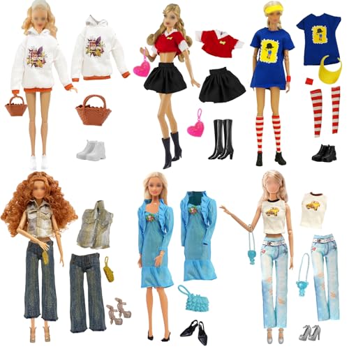 23 Puppen Kleidung und Zubehör, Kompatibel mit Barbie Puppen, Im Amerikanischen Sportstil 1 Pullover 4 Oberteile 1Faltenrock 1 Modischer Rock 2 Jeans 6 Schuhe 5 Tasche 3 Zubehör, für 11,5 Zoll Puppen von Xerteam