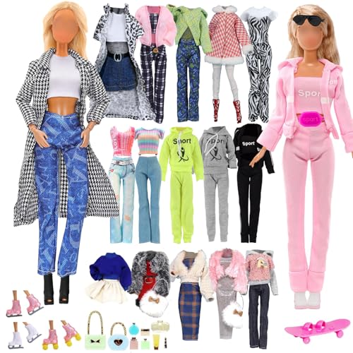 Puppenkleidung Fashion Kleidung Set,1 Kapuzen-Sweatshirt 2 Karo Mantel 1 Wintermantel 1 Pullover 1 Jumpsuit 4 Oberteile 4 Hosen 1 Rock 1 Schuhe 1 Schlittschuhe 1 Skateboard 9 Schminke in Zufällig von Xerteam