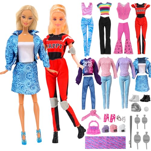 29 Puppenkleidung und Zubehör, 7 Kleidung Sets with Winter Outfits Kompatibel mit Barbie Puppen, Sport Stil 1 Baseball Uniform 7 Sportausrüstung 1 Yoga Set Casual Style Blue Short Rock Set 4 Tops Sets von Xerteam