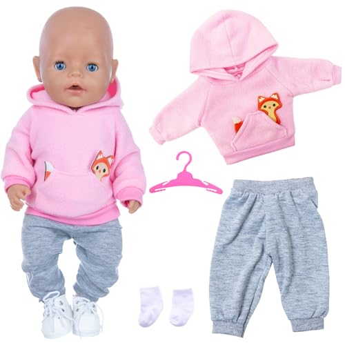 Xerteam 4 teilig Puppenkleidung, Nettes Kleidung für 35-43cm Puppen Junge und Mädchen, Puppenzubehör Fuchsmuster Rosa Hoodie Grau Herbst Hosen Socken Aufhänger, Geschenk für Kinder von Xerteam