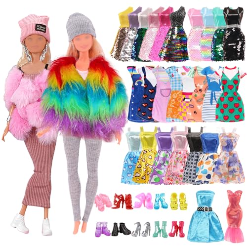 22 Kleidung und Zubehör für Puppen, 1 Plüschmantel 1 Kleid mit Schal 2 Paillettenkleider 7 Modekleider 8 Schuhe 1 Ohrring Für 11,5 Zoll Mädchen Puppe Geburtstagsgeschenke, in Random von Xerteam