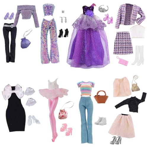 34 Stück Puppenkleidung und Zubehör, kompatibel mit Barbie-Puppen, 8 Sets für 29,1 cm große Puppen, 1 Prinzessinnenkleid, 1 Ballettrock, 3 elegante Röcke, 7 Tops, 3 Hosen, 8 Schuhe, 5 Taschen mit von Xerteam