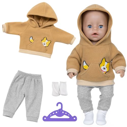 Puppenkleidung für 35-43cm Baby Puppen, 1 Brauner Welpen-Hoodie + 1 Paar Graue Hosen + 1 Paar Socken + 1 Kleiderbügel, 4 Stück Brauner Puppen Kleidung Outfits für Baby Kinder Mädchen Jungen Puppenkleidung für 35-43cm Baby Puppen, 1 Brauner Welpen-Hoodie + 1 Paar Graue Hosen + 1 Paar Socken + 1 Kleiderbügel, 4 Stück Brauner Puppen Kleidung Outfits für Baby Kinder Mädchen Jungen von Xerteam