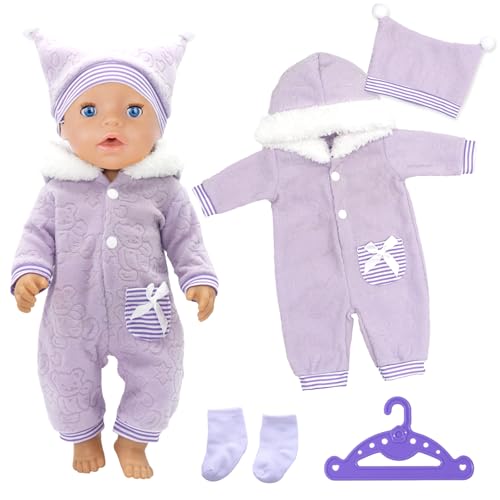 4 Stück Puppenkleidung für 14-18 Zoll Babypuppen, Süßes Overall Outfit für Neue Babypuppen mit Jumpsuit, Mütze, Socken und Kleiderbügel, 35-45 cm modische Neue Babypuppen Kleidungs Outfits(Lila) von Xerteam