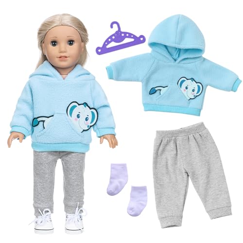 4 Teilig Puppenkleidung für 40-45cm Baby Puppen, Nettes Puppengewand und Puppenzubehör mit Süßem Tiermuster, Hoodies, Hosen, Kleiderbügel, Socken für Puppen 43cm Jungen Mädchen Geschenk (Blau) von Xerteam