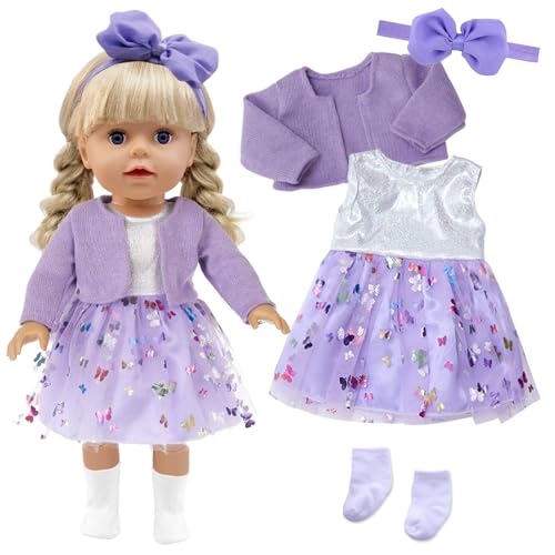 Xerteam 4 teilig Lila Puppenkleidung für 38-45cm Mädchen Puppe, Puppezubehör Mantel Puppen Kleider Socken Schmetterling Stirnband für 16-18 Zoll Baby Puppe, Puppensachen Set Geschenk Kinder von Xerteam