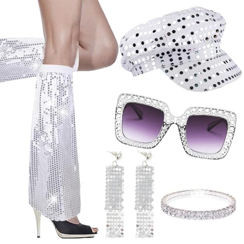 70er Jahre Disco Zubehör, 70er Jahre Fancy Dress Frauen Zubehör, Rahmen Bling Sonnenbrille Ohrringe Stirnband Armband Beinwärmer Disco Fancy Dress Kit für Frauen Retro 70 Thema Party Hippie Kostüm von Xerteam