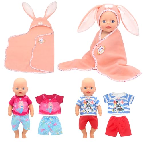 5 Stück Set Babypuppenkleidung für 12-14 Zoll große Puppen, 30-35 cm Bademantel, süße Babypuppenkleidung, Outfits mit rosa Bademantel, Oberteilen und Shorts, Neue Puppenkleidung für Mädchen/Jungen von Xerteam