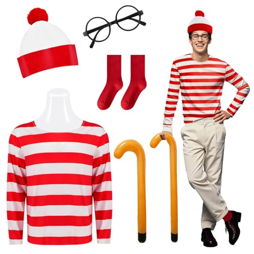 5 Stück rot und weiß gestreiftes Wandy-Kostüm für Erwachsene, Weltbuchtag, Verkleidung rot und weiß gestreift, T-Shirt, Beanie, Hut, Brille, aufblasbare Stocksocken, klassische Cosplay-Kostüme für den 5 Stück rot und weiß gestreiftes Wandy-Kostüm für Erwachsene, Weltbuchtag, Verkleidung rot und weiß gestreift, T-Shirt, Beanie, Hut, Brille, aufblasbare Stocksocken, klassische Cosplay-Kostüme für den von Xerteam