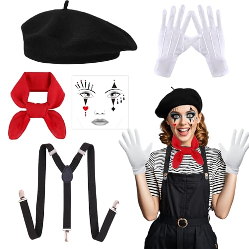 5-teiliges französisches Kostüm für Damen und Herren, Künstler-Mime-Outfit-Zubehör, französische Baskenmütze, Handschuhe, Y-Rücken, Hosenträger, roter Schal, Gesichtsaufkleber, Cosplay, Karneval, von Xerteam