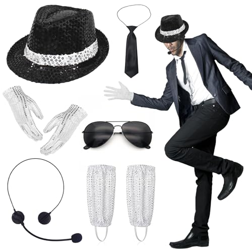 8 Pcs Michael 80er Jahre Kostüm für Herren, 80er Rockstar Cosplay Kostümzubehör Jazz Paillettenhut Handschuh Socke Krawatte Sonnenbrille Kopfmikrofon, King of Pop für Erwachsene Teenager 80S Cosplay von Xerteam