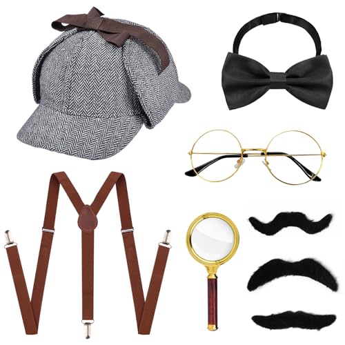 8 Stück Detektiv Kostüm Zubehör Set, Detektiv Kostüm Accessoires, Detektiv Hut Y-Rücken Hosenträger Fliege Lupe Brille Schnurrbar, 20er Jahre Detektiv Kostümzubehör für Karneval Cosplay Rollenspiel 8 Stück Detektiv Kostüm Zubehör Set, Detektiv Kostüm Accessoires, Detektiv Hut Y-Rücken Hosenträger Fliege Lupe Brille Schnurrbar, 20er Jahre Detektiv Kostümzubehör für Karneval Cosplay Rollenspiel von Xerteam