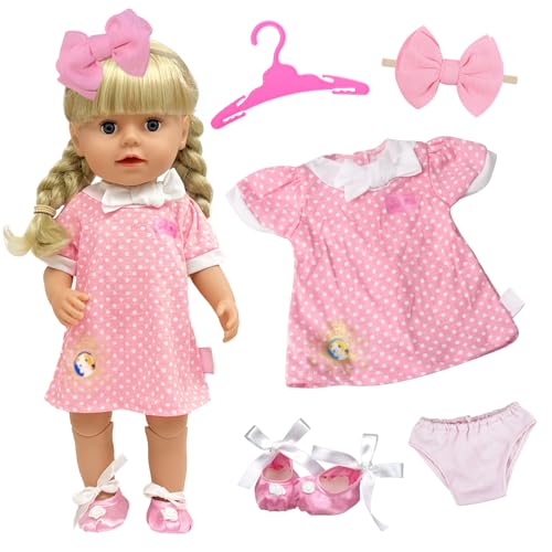 Puppenkleidung für 35-43 cm Puppen, Hellrosa Puppenkleid mit Hundemuster, Rosa glänzende Schuhe Haarbänder Kleiderbügel Höschen, für Puppen und Kuscheltiere, Puppenkleidung Geschenk für Kinder Mädchen von Xerteam