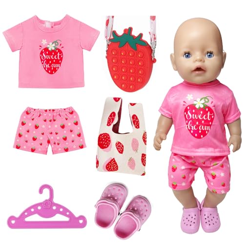 Xerteam Puppenkleidung 43 cm, für 30-45 cm Baby Puppen, Puppenzubehör-Erdbeer-Pyjama, Zufällig Erdbeer Tasche für Kinder, Kleiderbügel, Schuhe Mit Kleinen Löchern, Erdbeersüß-Stil (Ohne Puppe) Xerteam Puppenkleidung 43 cm, für 30-45 cm Baby Puppen, Puppenzubehör-Erdbeer-Pyjama, Zufällig Erdbeer Tasche für Kinder, Kleiderbügel, Schuhe Mit Kleinen Löchern, Erdbeersüß-Stil (Ohne Puppe) von Xerteam