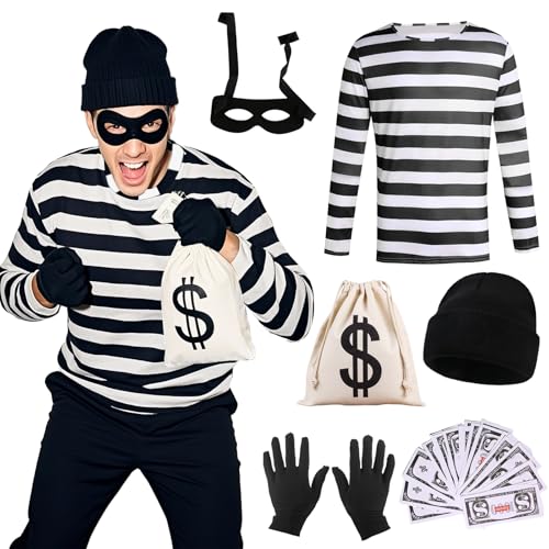 Erwachsene Einbrecher Kostüm, Räuber Verkleidung Kostüm Set, Erwachsene Räuber Dieb-Outfits mit schwarz-weiß gestreiftem Oberteil, Augenmaske, Handschuhe, Segeltuch, Tasche, Hut für Welttag des Buches Erwachsene Einbrecher Kostüm, Räuber Verkleidung Kostüm Set, Erwachsene Räuber Dieb-Outfits mit schwarz-weiß gestreiftem Oberteil, Augenmaske, Handschuhe, Segeltuch, Tasche, Hut für Welttag des Buches von Xerteam