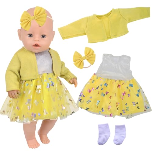 14-18 Zoll Babypuppenkleidung, 4 Stück 35-45cm Puppenkleidung, Puppenkleider mit Gelber Mantel Tüllrock Haarband Socken, Süße 43 cm Puppen Outfits, Babypuppen Kleidungs Zubehör für Mädchengeburtstag 14-18 Zoll Babypuppenkleidung, 4 Stück 35-45cm Puppenkleidung, Puppenkleider mit Gelber Mantel Tüllrock Haarband Socken, Süße 43 cm Puppen Outfits, Babypuppen Kleidungs Zubehör für Mädchengeburtstag von Xerteam