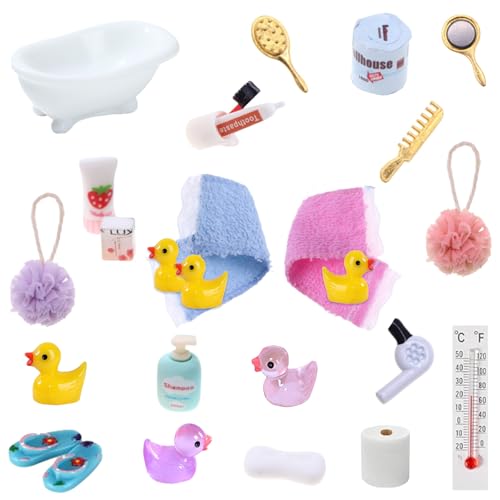 27 Stück Baden Set Wichtel Zubehör, Miniatur Deko mit Mini Enten Zahnpasta Badewanne Zahnbürste Pantoffeln Badekugel, Mini Zubehör für 1/12 Puppenhäuser, Geschenk für Miniaturmodelle Dekorieren von Xerteam