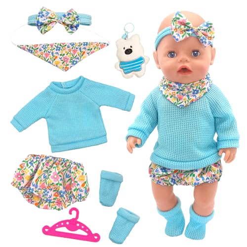 Baby Puppenkleidung für 36-43cm Puppen, Blauer Puppenpullover, Geblümte Hose, Schal, Puppensocken, Stirnband, Kleiderbügel, Kleine Bären-Plüschanhänger, 7 Süßes Puppenzubehör für Mädchengeburtstag Baby Puppenkleidung für 36-43cm Puppen, Blauer Puppenpullover, Geblümte Hose, Schal, Puppensocken, Stirnband, Kleiderbügel, Kleine Bären-Plüschanhänger, 7 Süßes Puppenzubehör für Mädchengeburtstag von Xerteam