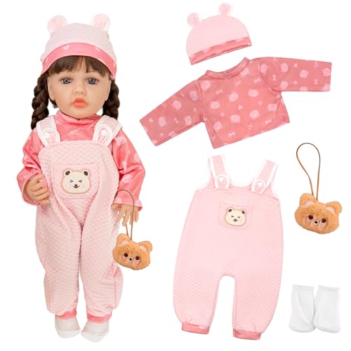 5 Stück Baby Puppenkleidung für 20-22 Zoll Puppen, Süßer Rosafarbener 50-cm Babypuppen Overall mit 1 Oberteil mit Bärenaufdruck+1 Overall+1 Mütze+1 Bärenanhänger+Socken, Geschenke für Mädchen/Jungen 5 Stück Baby Puppenkleidung für 20-22 Zoll Puppen, Süßer Rosafarbener 50-cm Babypuppen Overall mit 1 Oberteil mit Bärenaufdruck+1 Overall+1 Mütze+1 Bärenanhänger+Socken, Geschenke für Mädchen/Jungen von Xerteam